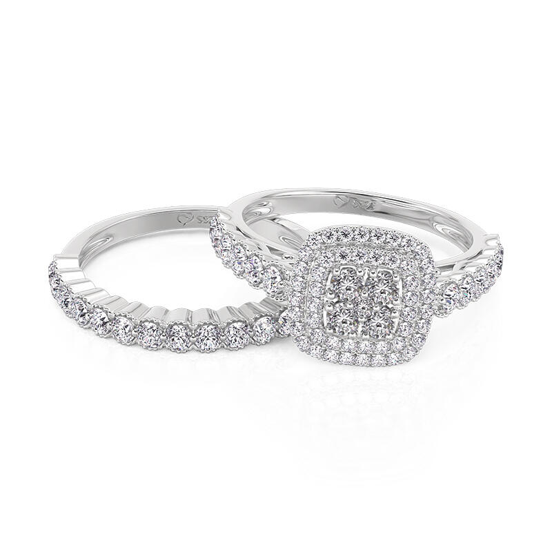 Jeulia Double Halo Cluster Ring Set with Eternity Band Sterling Silver