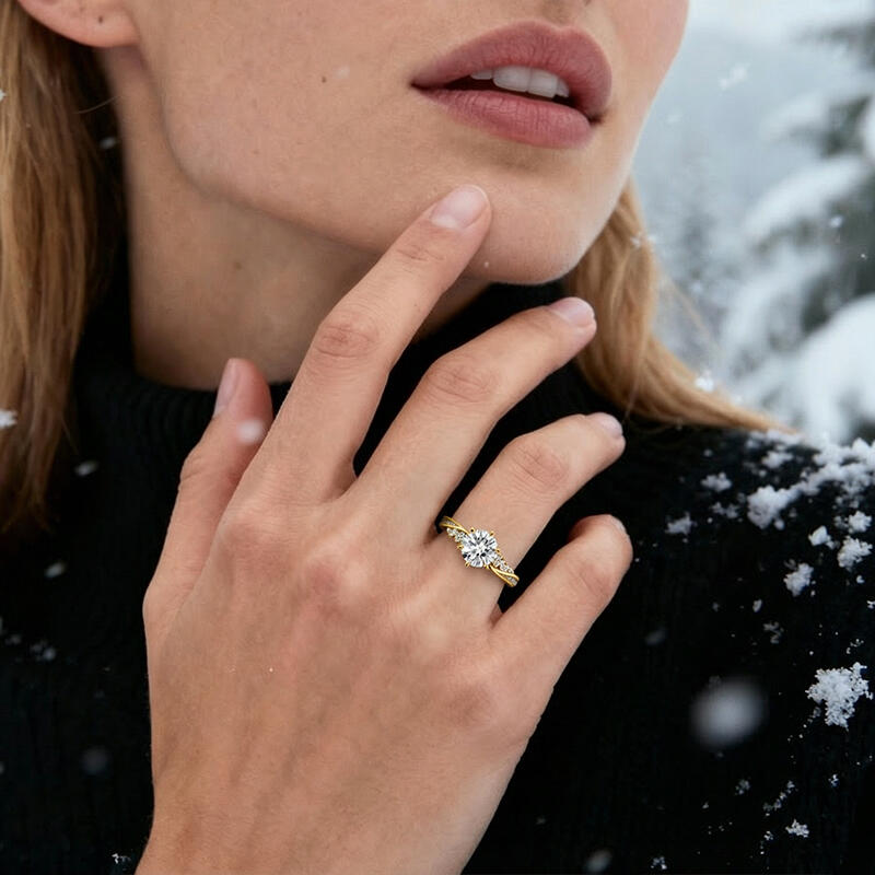 Jeulia Simple Twist Round Cut Gold Promise Ring Sterling Silver