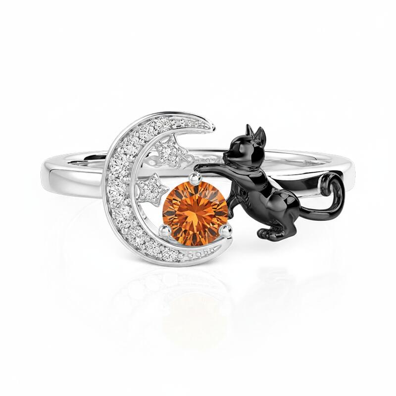 Jeulia Custom Black Cat Moon and Star Ring With Birthstone