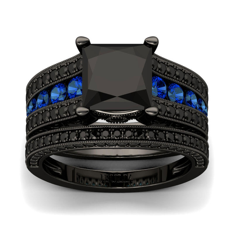 Jeulia Conjunto De Anillo Negros Vintage De Talla Princesa En Plata De Ley