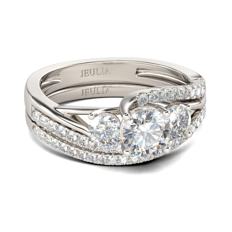Jeulia Three Stone Round Cut Sterling Silver Ring Set