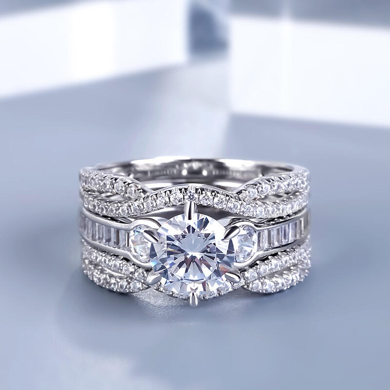 Jeulia Classic Three Stone Round Cut Sterling Silver Ring Set