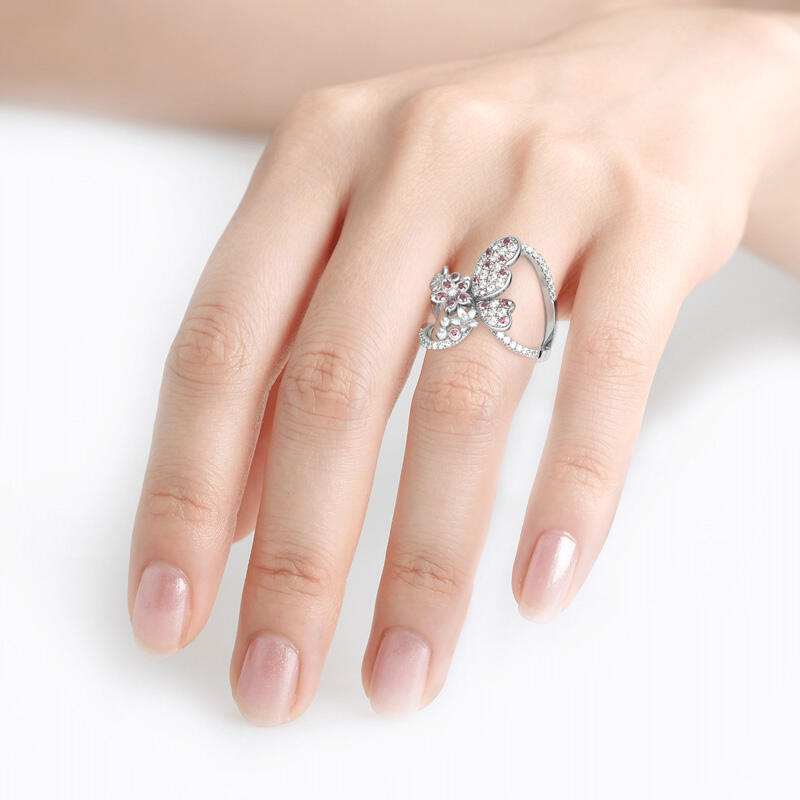 Jeulia Flower and Butterfly Sterling Silver Ring