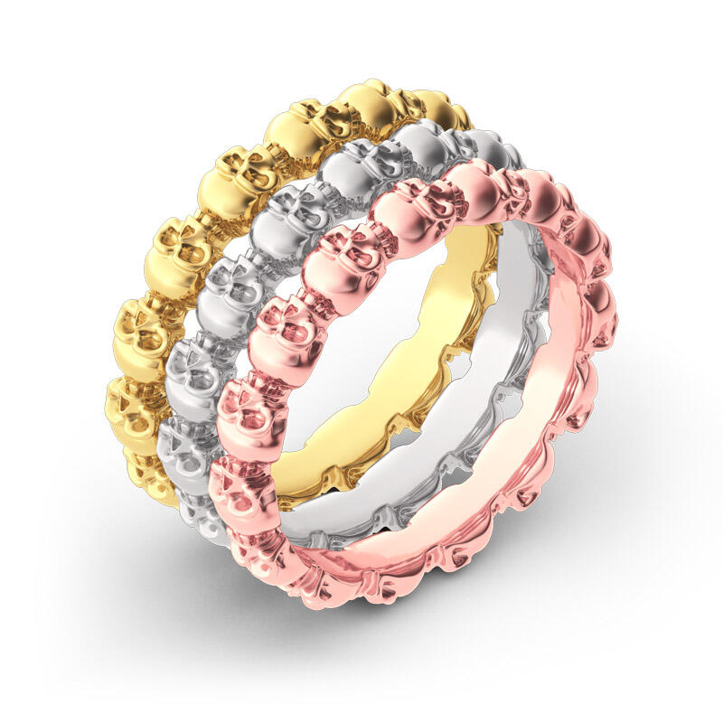 Jeulia Tri-Tone Stackable Sterling Silver Skull Ring Set