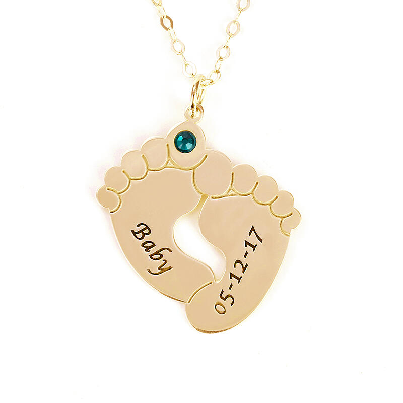 "Mon Bébé" Collier Pieds de Bébé Personnalisé avec Pierre de Naissance