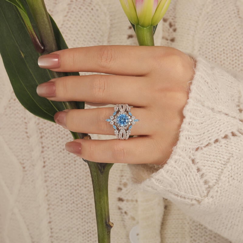 Jeulia Aquamarine Star and Moon Twist Ring Set 3PCs