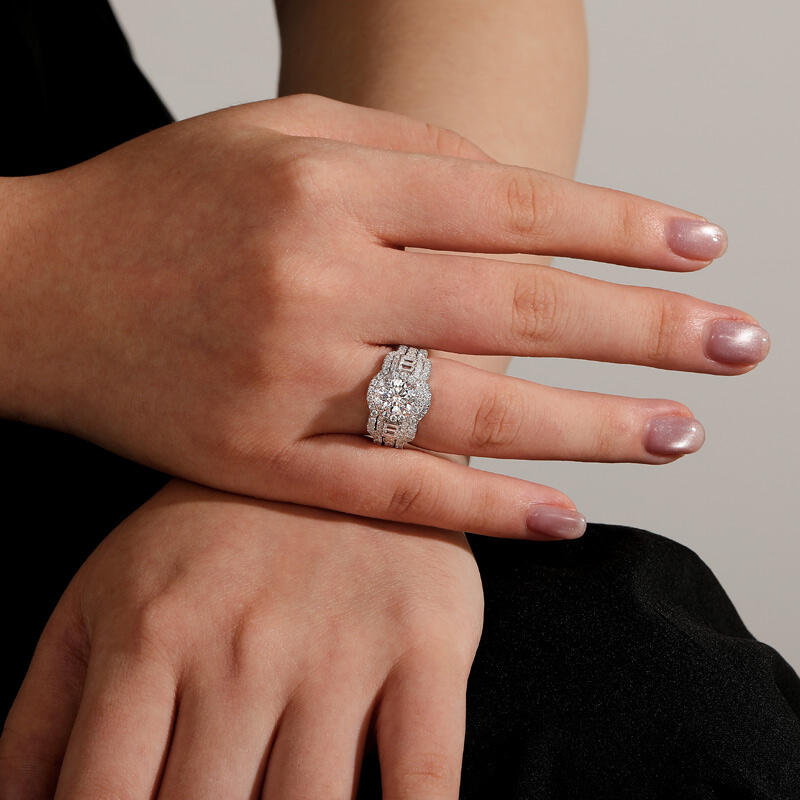 Jeulia Halo Round Cut Sterling Silver Ring Set