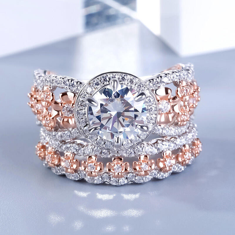 Jeulia Floral Halo Round Cut Sterling Silver Ring Set