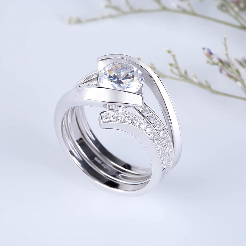 Jeulia Conjunto De Anillos De Rama De Talla Redonda En Plata De Ley