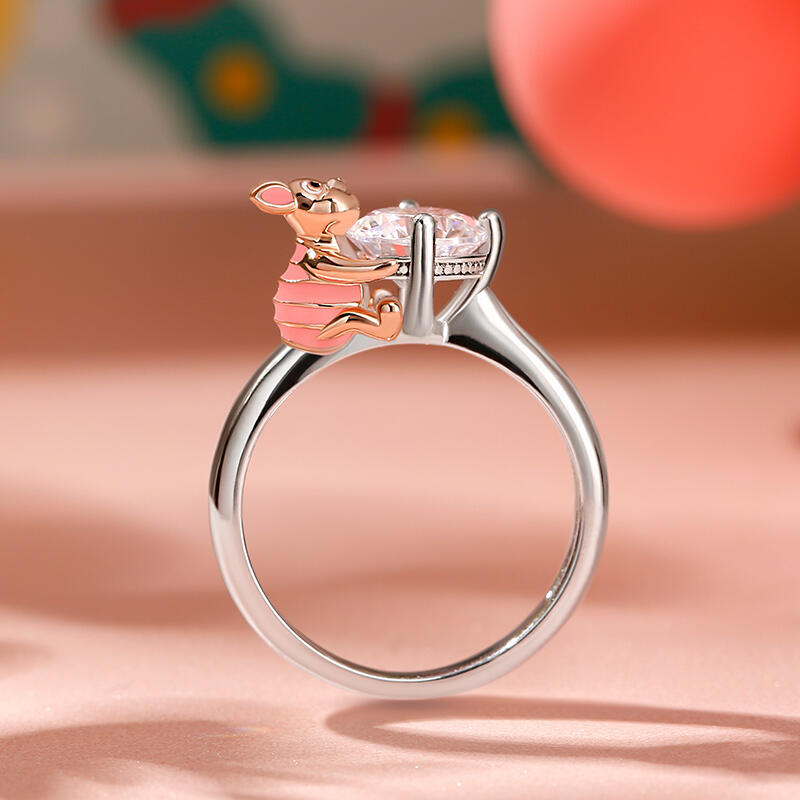Jeulia Hug Me "Keep Innocence" Pink Pig Round Cut Sterling Silver Ring
