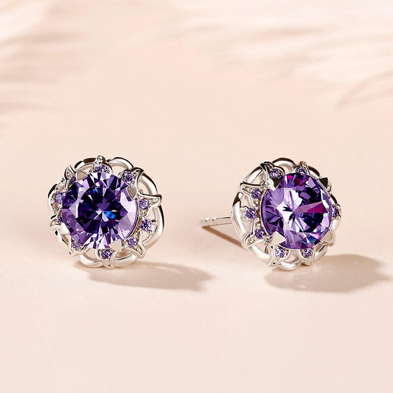 Jeulia Amethyst Flower Round Cut Sterling Silver Stud Earrings