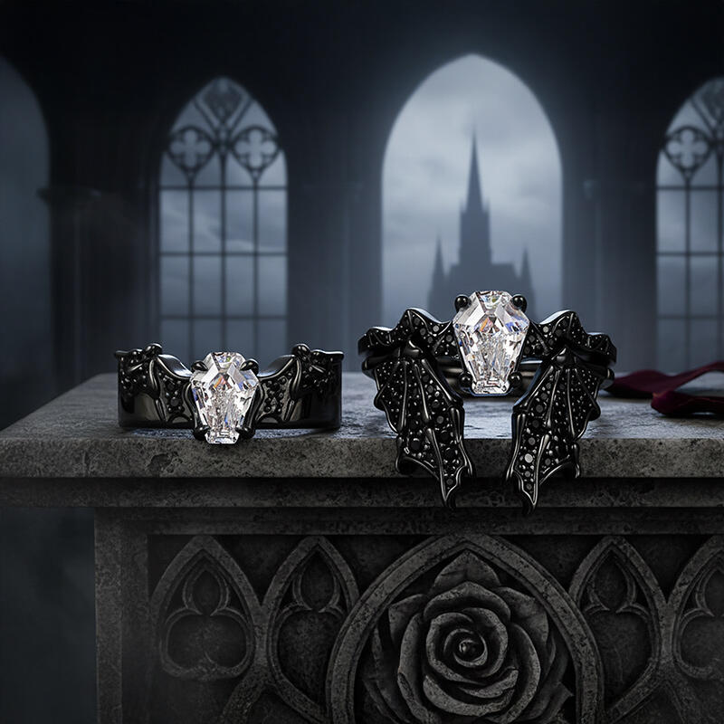 Jeulia Gothic Black Bat Coffin Cut Couple Rings Set