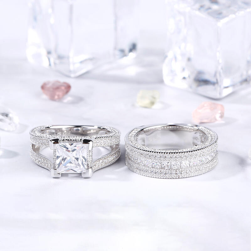 Jeulia Milgrain Princess Cut Sterling Silver Ring Set