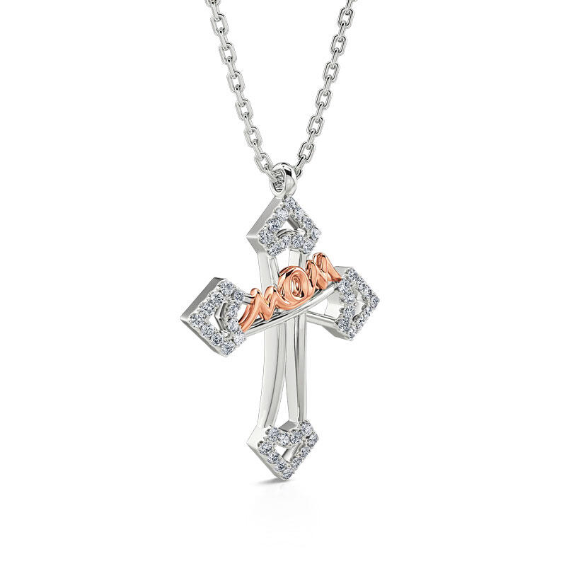 Jeulia "Mom Bless You" Mom Cross Sterling Silver Necklace