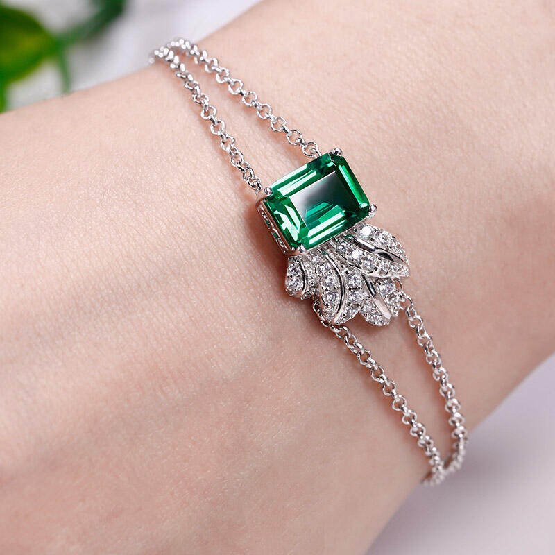 Jeulia Leaf Design Emerald Cut Sterling Silver Bracelet