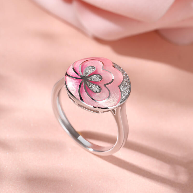 Jeulia Anillo Redondo de Plata Esmaltada Flor Pétalo Rosa