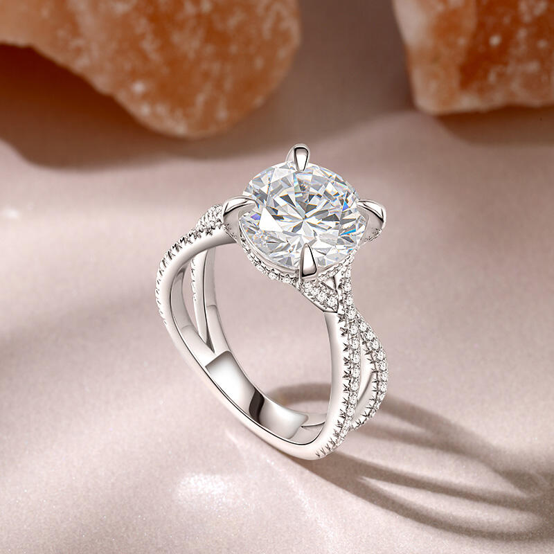 Jeulia Crossover Dual Shank Round Cut Sterling Silver Engagement Ring