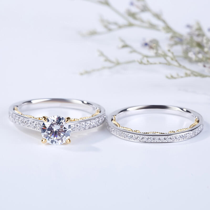 Jeulia Vintage Two Tone Scrollwork Round Cut Sterling Silver Ring Set