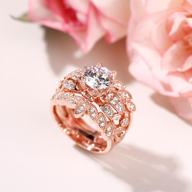 Jeulia Terno De Anillos De Plata De Ley Con Corte Redondo En Forma De Hoja