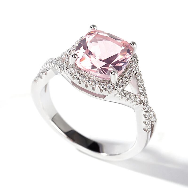 Jeulia Twist Halo Cushion Cut Synthetic Morganite Sterling Silver Ring