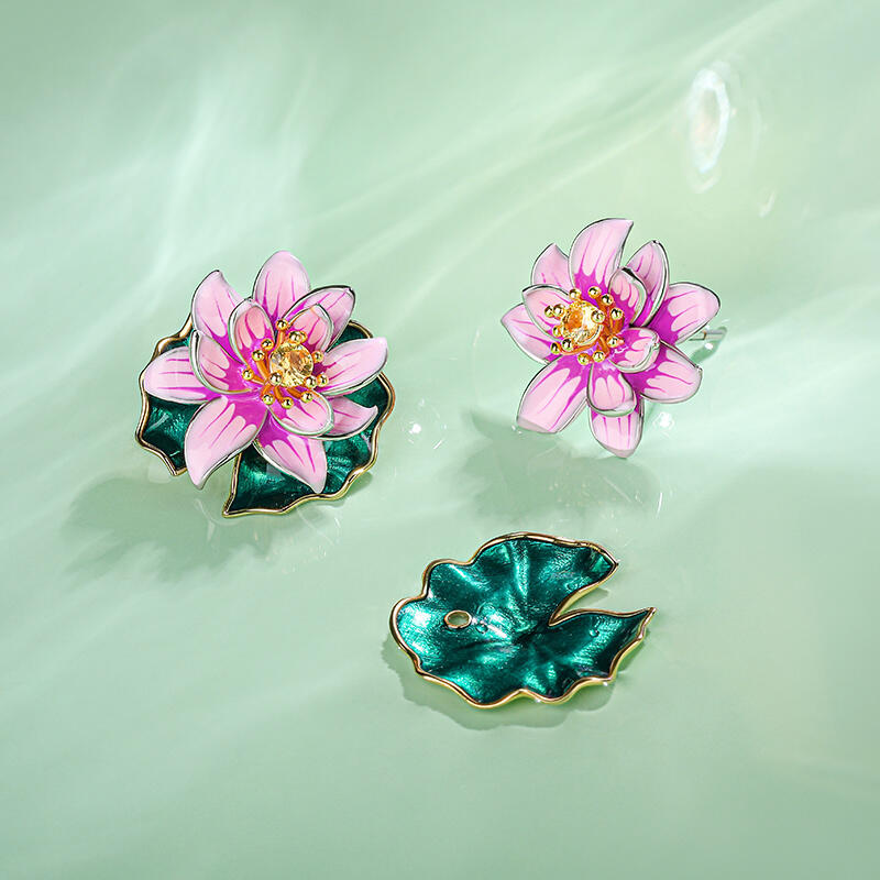 Jeulia "Lotus Flowering" Water Lilies Inspired Enamel Sterling Silver Earrings