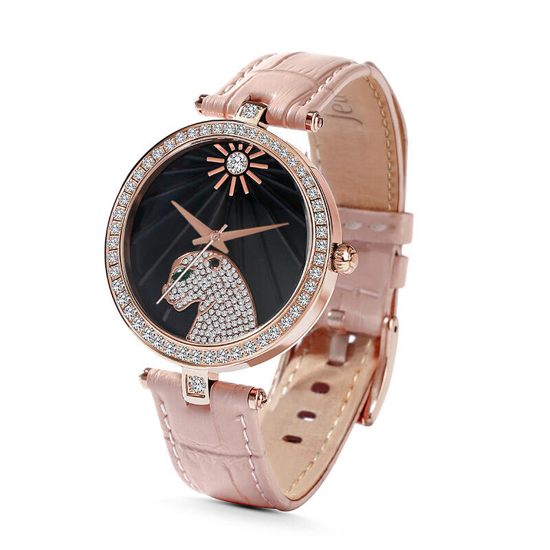Jeulia "Wilde Schönheit" Leopard  Rosa Uhr Lederarmband mit schwarzem Zifferblatt
