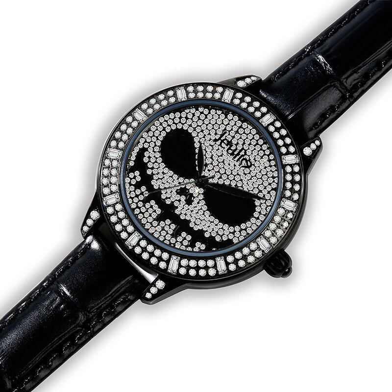 Jeulia "Patron Spirit of Halloween" Reloj De Mujer De Cuarzo Con Correa De Cuero Negro Y Diseño De Calavera