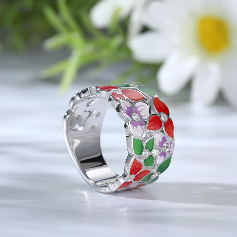 Jeulia "Sea of Flowers" Flower Enamel Sterling Silver Women's Band