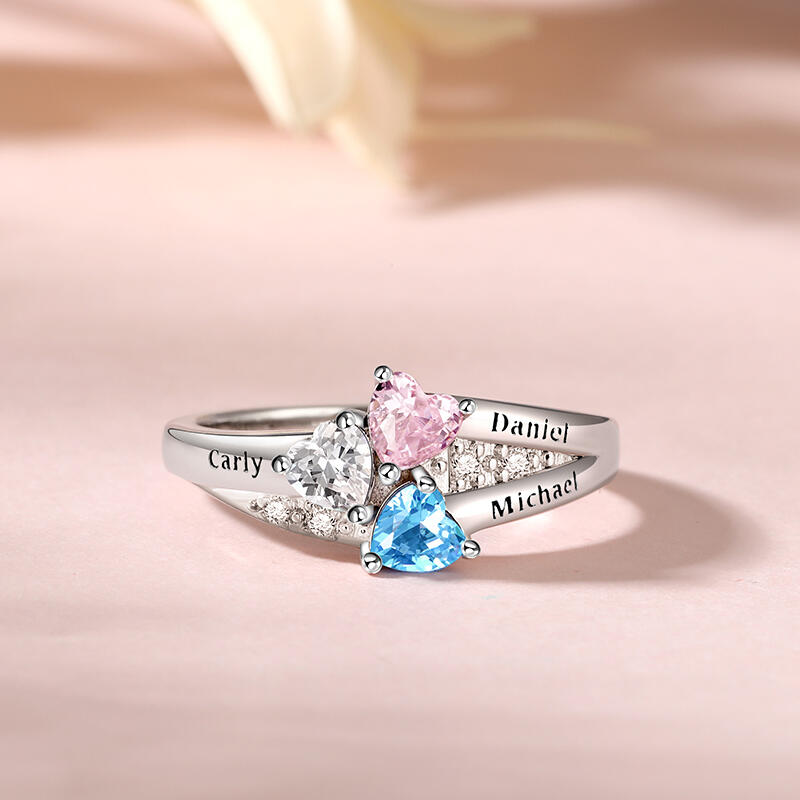 Jeulia Custom Name Three Heart Birthstone Ring Sterling Silver