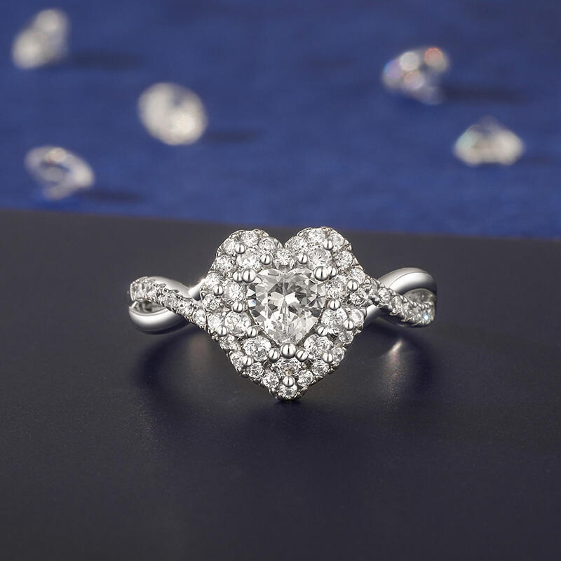 Jeulia Anillo de Compromiso Personalizado Halo con Diseño de Torsión y Corazón en Plata Esterlina