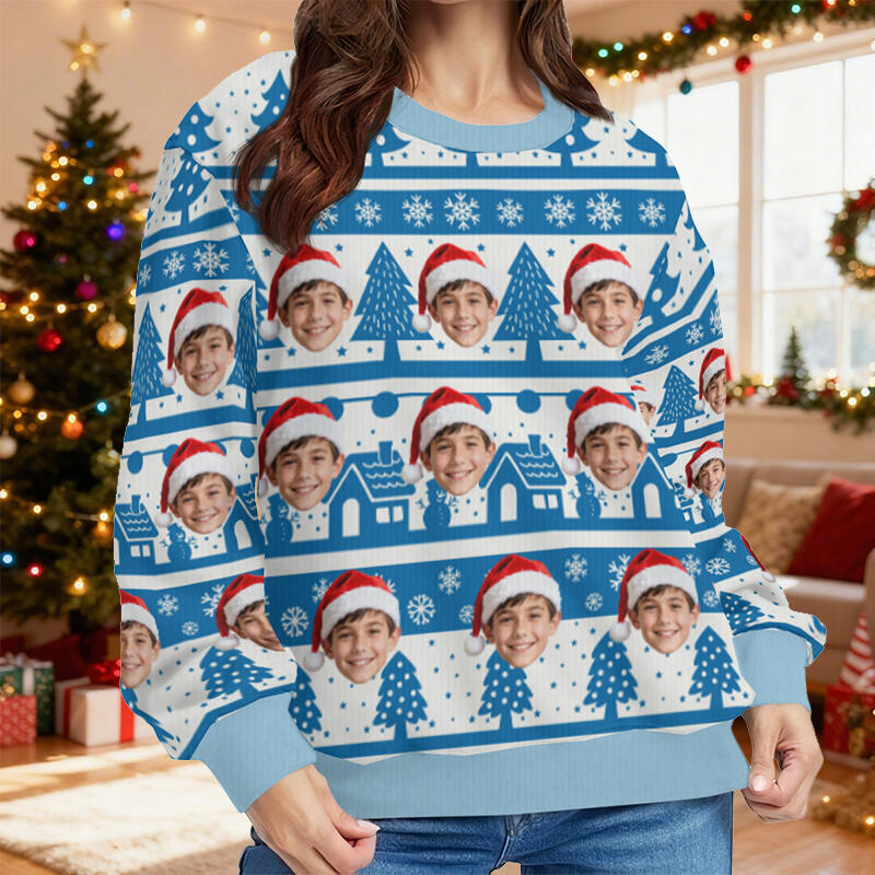 Gepersonaliseerde lelijke trui unisex met eigen gezichtsfoto blauw sneeuwlandschap ontwerp perfect kerstcadeau voor familie