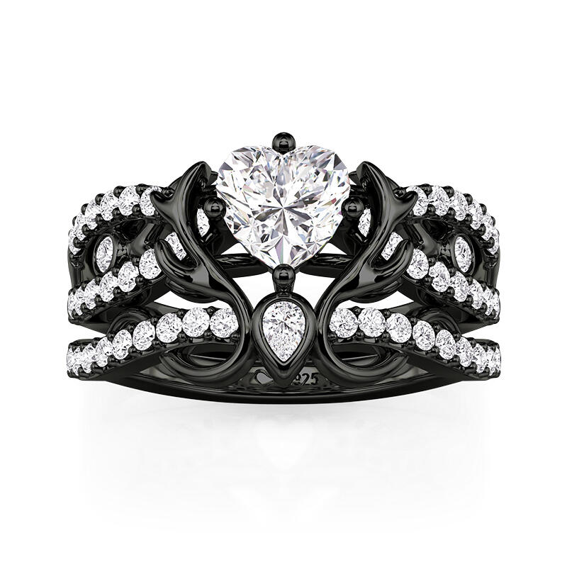 Jeulia Juego de 2 Anillos Corazón Espina Negro Gótico