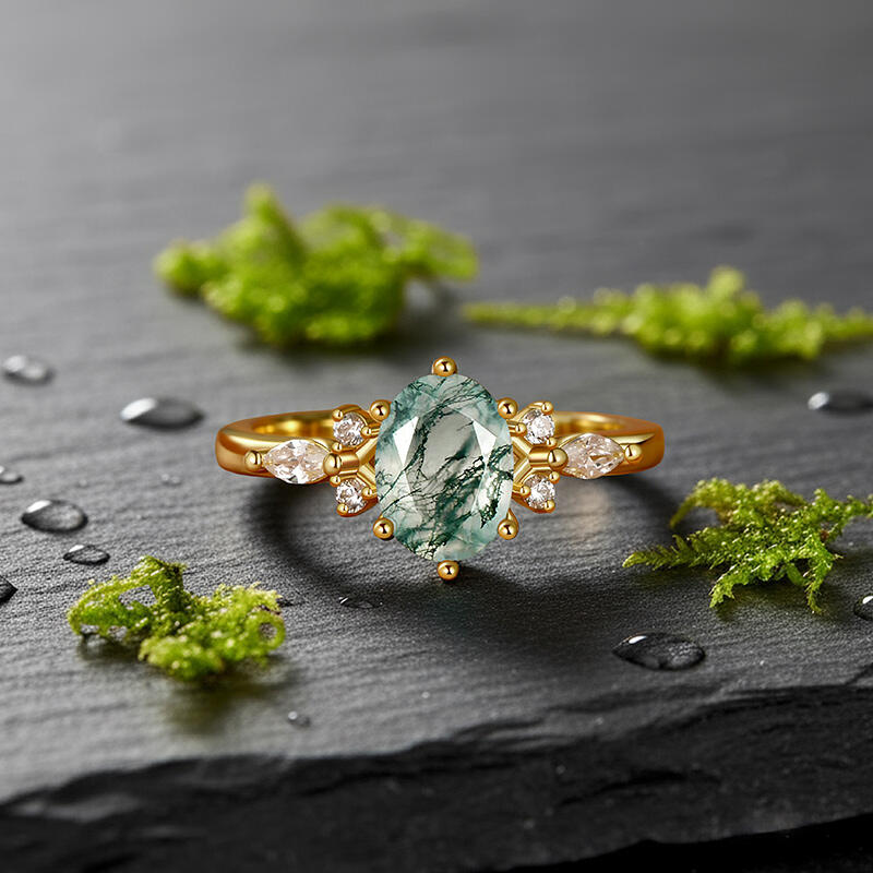Jeulia Nature Inspired Oval Moss Agate Engagement Ring