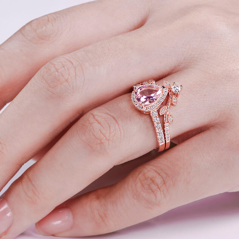 Jeulia Halo Pear Cut Synthetic Morganite Sterling Silver Ring Set