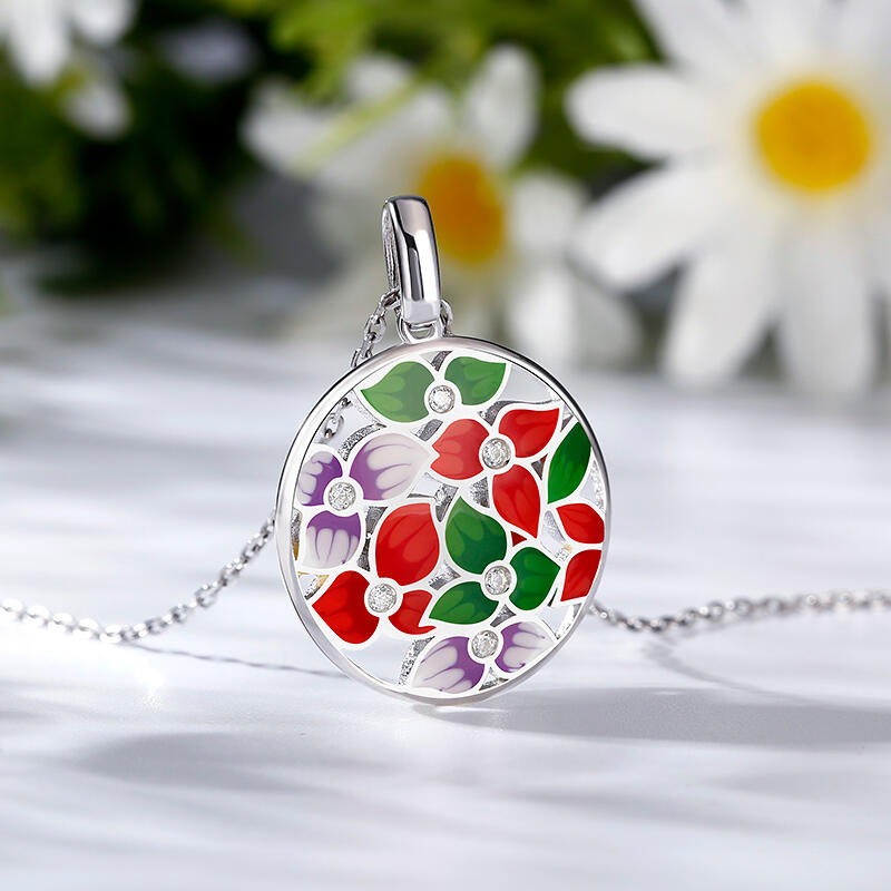 Jeulia Collar Mujer con Colgante Redondo de Flor de Plata Esmaltada