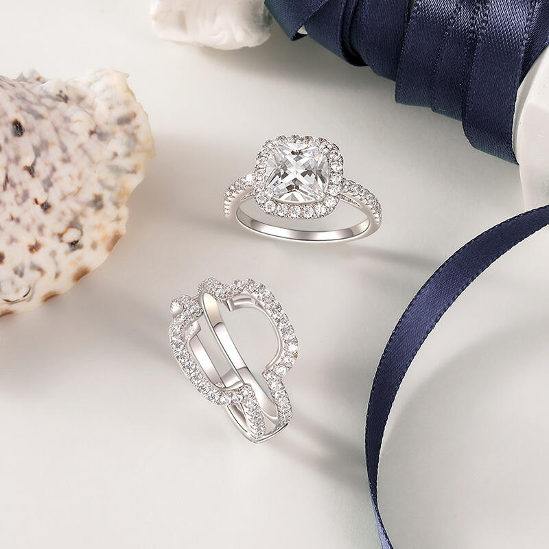 Jeulia Classic Cushion Cut Halo Engagement Ring Set Sterling Silver