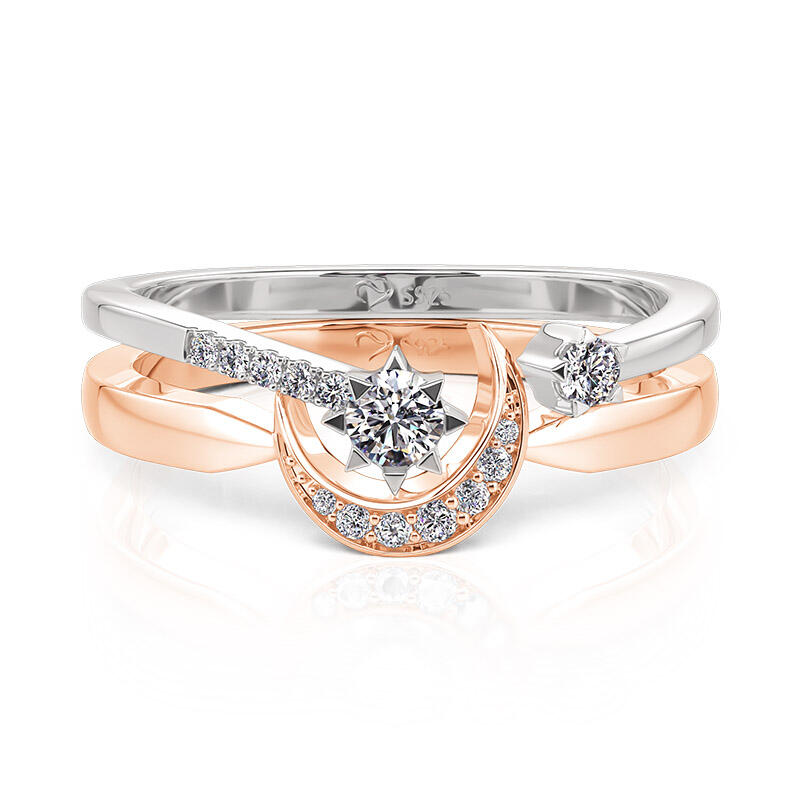 Jeulia Moon and Star Two Tone Puzzle Ring Set Sterling Silver