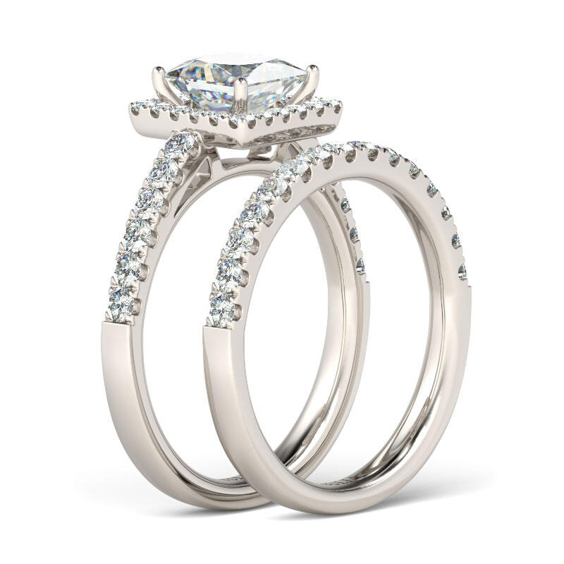 Jeulia Conjunto De Anillos Con Halo De Talla Princesa En Plata De Ley