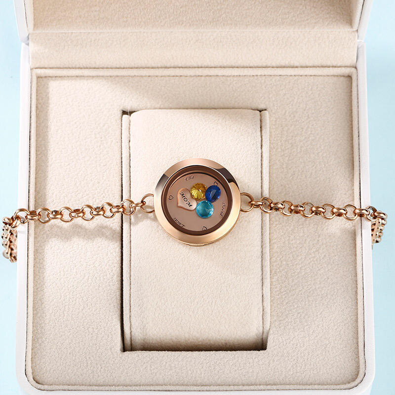 "I Love You Mom" Engraved Floating Locket Bracelet With Charms And Birthstones Stainless Steel