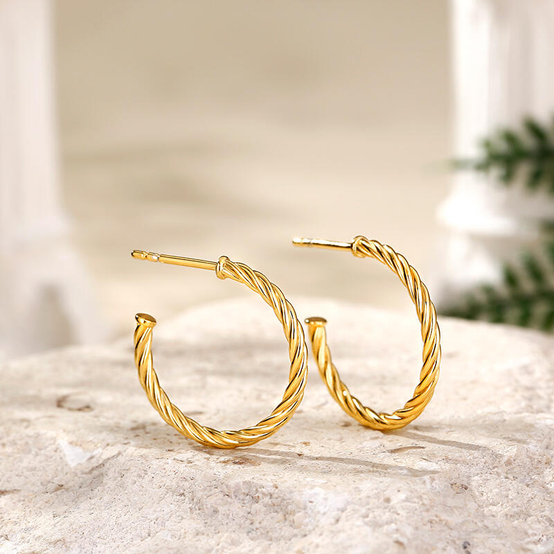 Jeulia Gold Tone Twisted Rope Sterling Silver Hoop Earrings