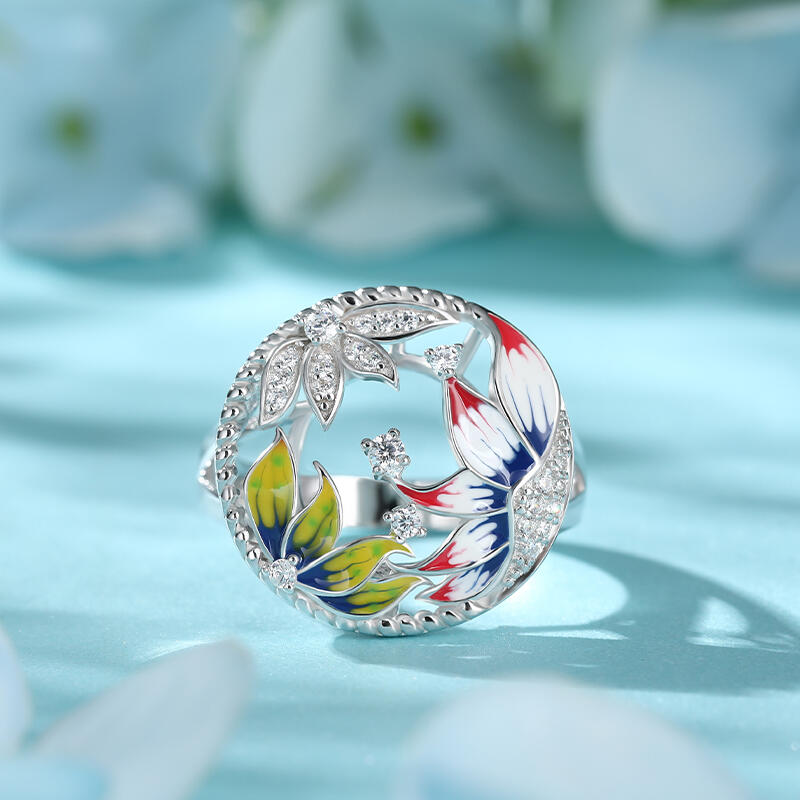 Jeulia "Peaceful" Flower Enamel Sterling Silver Ring