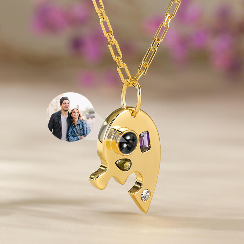 Jeulia Half Heart Puzzle Design Personalized Photo Projection Sterling Silver Necklace