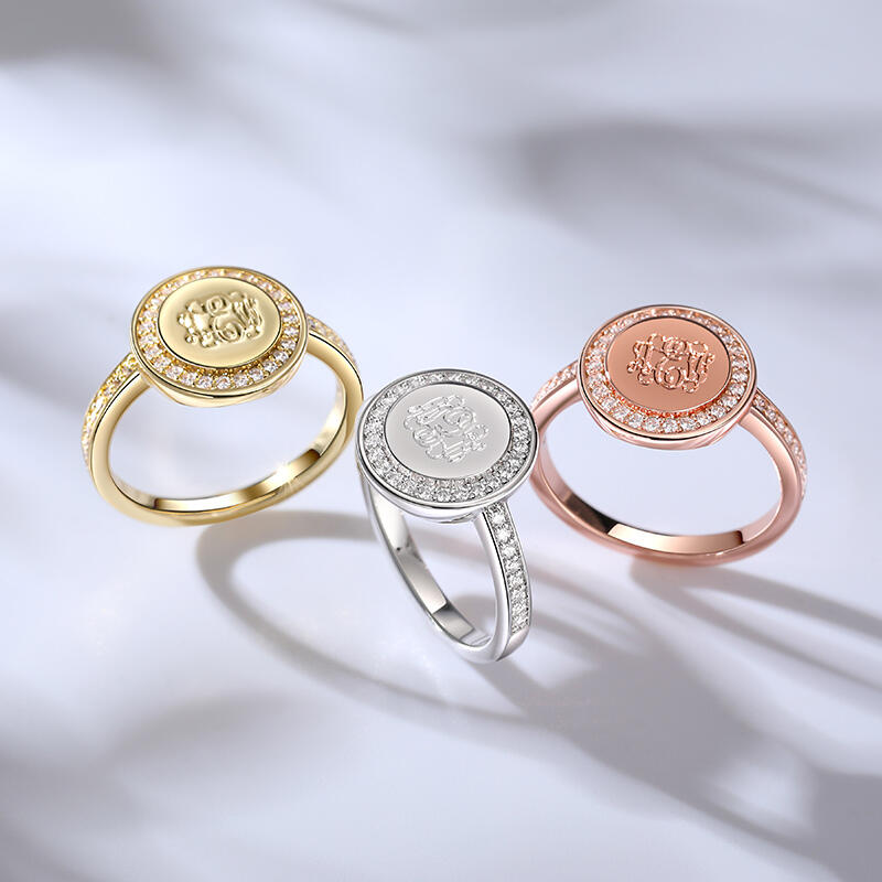 Jeulia Halo Round Monogram Personalized Sterling Silver Ring