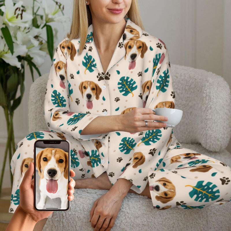 Pigiama personalizzato con foto personalizzata dell'animale domestico, design primaverile pulito con foglie di palma, ottimo regalo per gli amanti degli animali