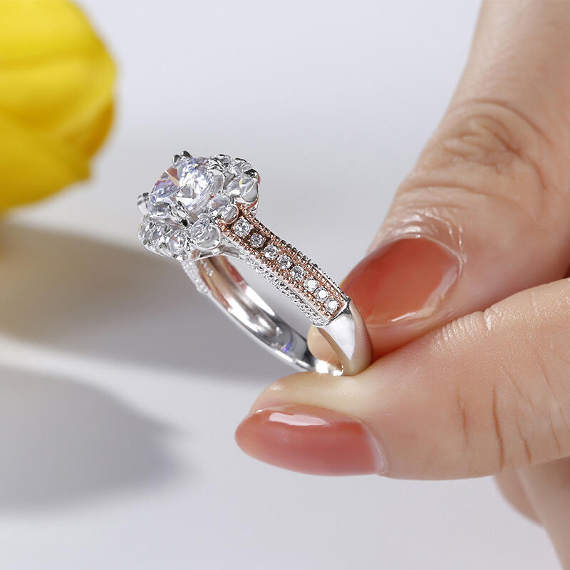 Jeulia Halo Two Tone Round Cut Sterling Silver Ring