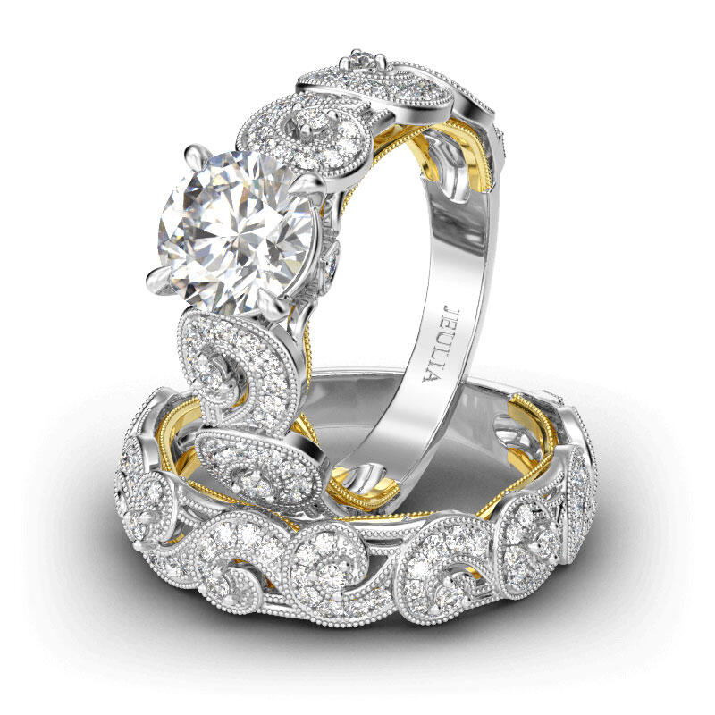 Jeulia Vintage Scrollwork Round Cut Sterling Silver Ring Set