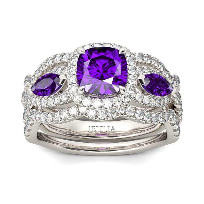 Jeulia Halo Three Stone Cushion Cut Sterling Silver 3PC Ring Set