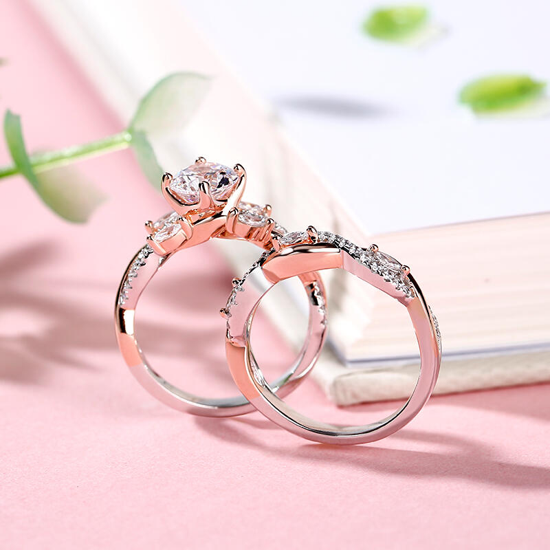 Jeulia Conjunto De Anillo De Plata Esterlina Con Corte Redondo Bicolor Torceido