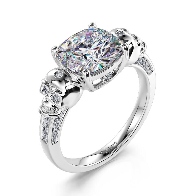 Jeulia Anillo de Compromiso Gótico de Plata de Ley con Calavera y Corte Cojín