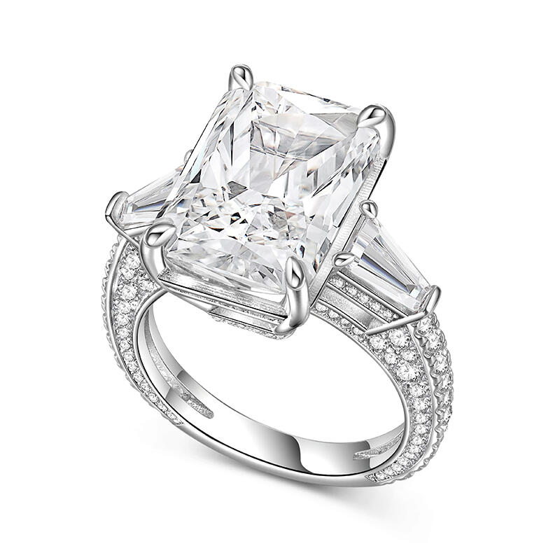 Jeulia Three Stone Emerald Cut Sterling Silver Engagement Ring